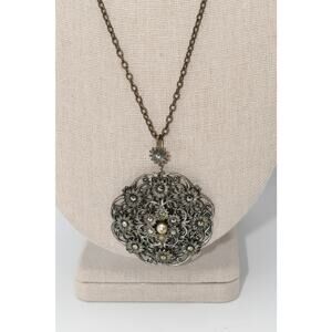 Vintage Silver Tone Filigree Floral Pendant Necklace Faux Pearl Marcasite